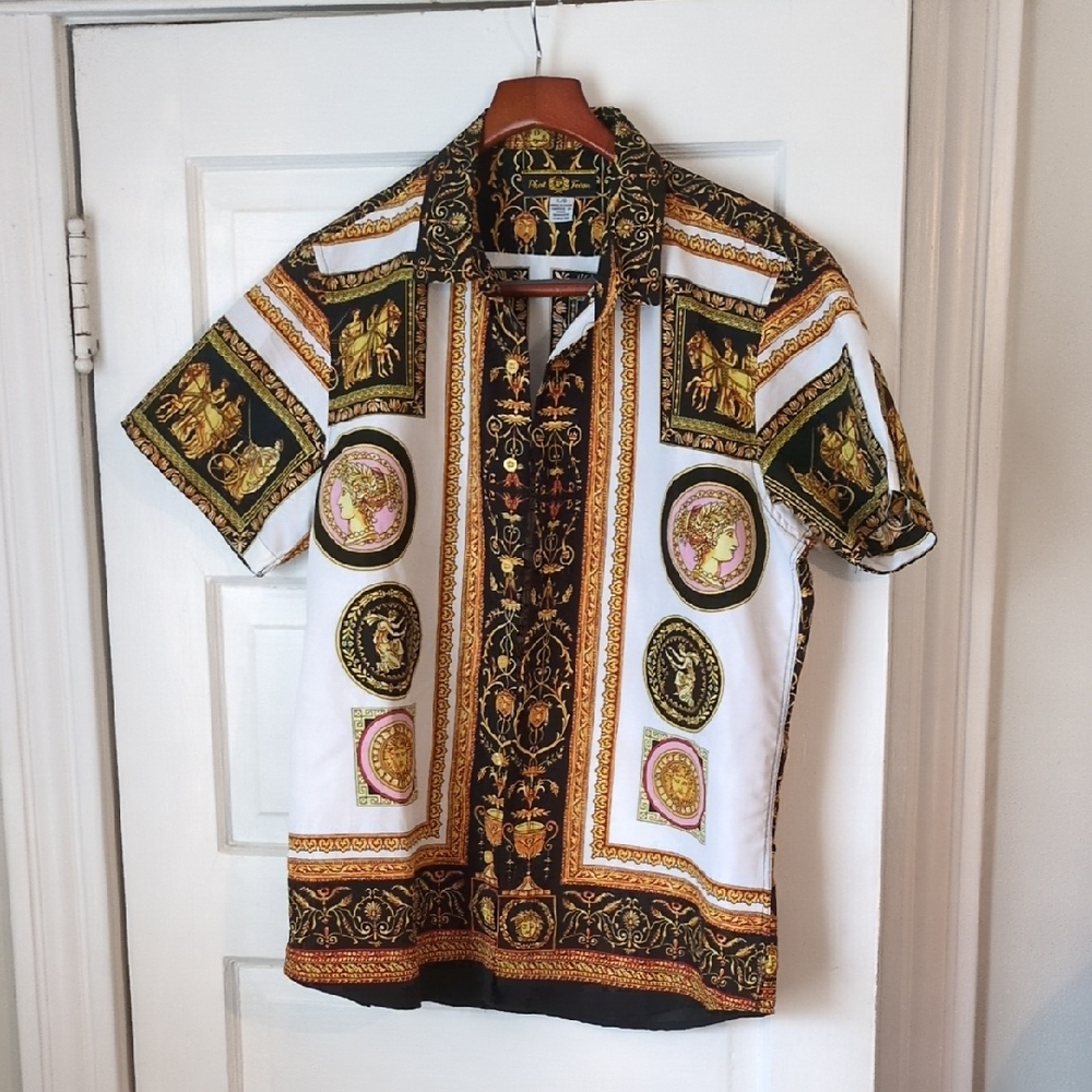 Phat Farm Men's Short-Sleeve Medallion Print Shirt – Gold & Black on White